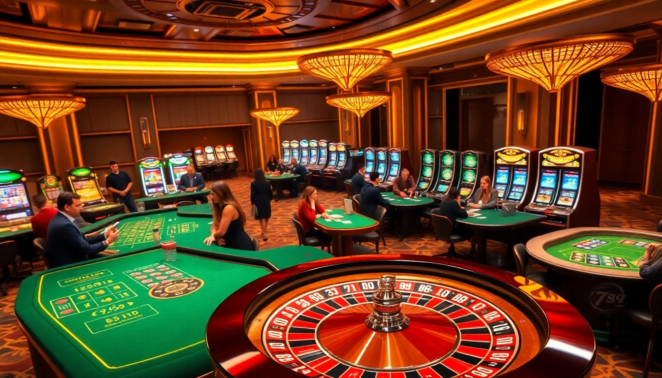 Players engaging at the roulette and poker tables in an upscale 789club casino environment.