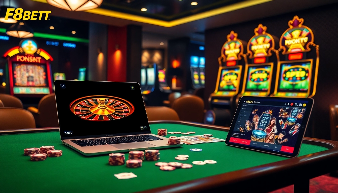 Engaging scene of online gambling at F8BET.COM with poker chips, a roulette wheel, and vibrant slot machines.
