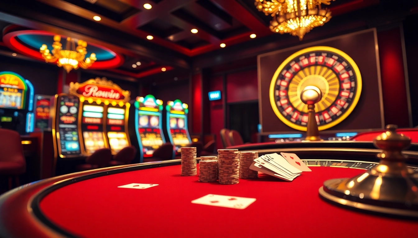 Engaging players with 33win at a vibrant casino scene with poker tables and slot machines.