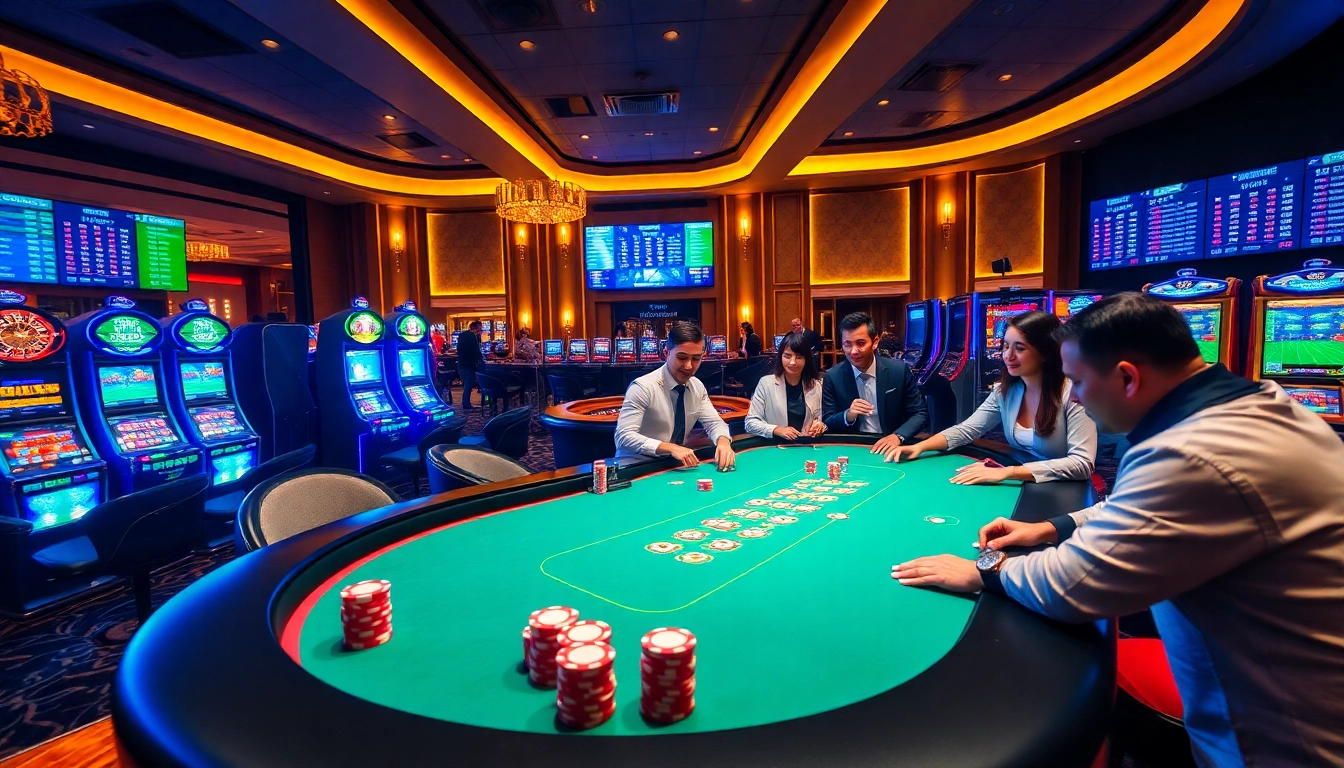 Players enjoying an exciting game of poker at tg88 online casino, surrounded by vibrant gaming elements.