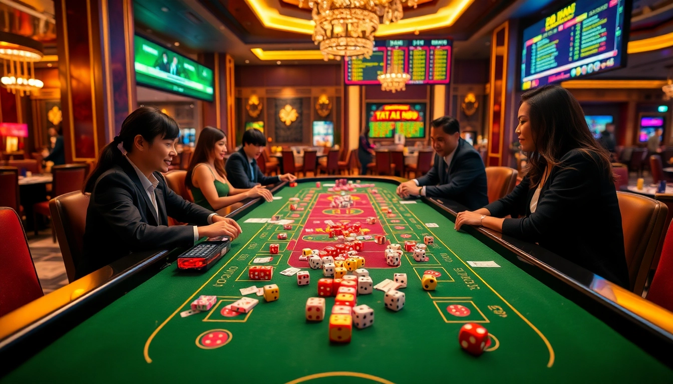 Tài xỉu MD5 game table with vibrant dice and players engaged in an exciting casino atmosphere.