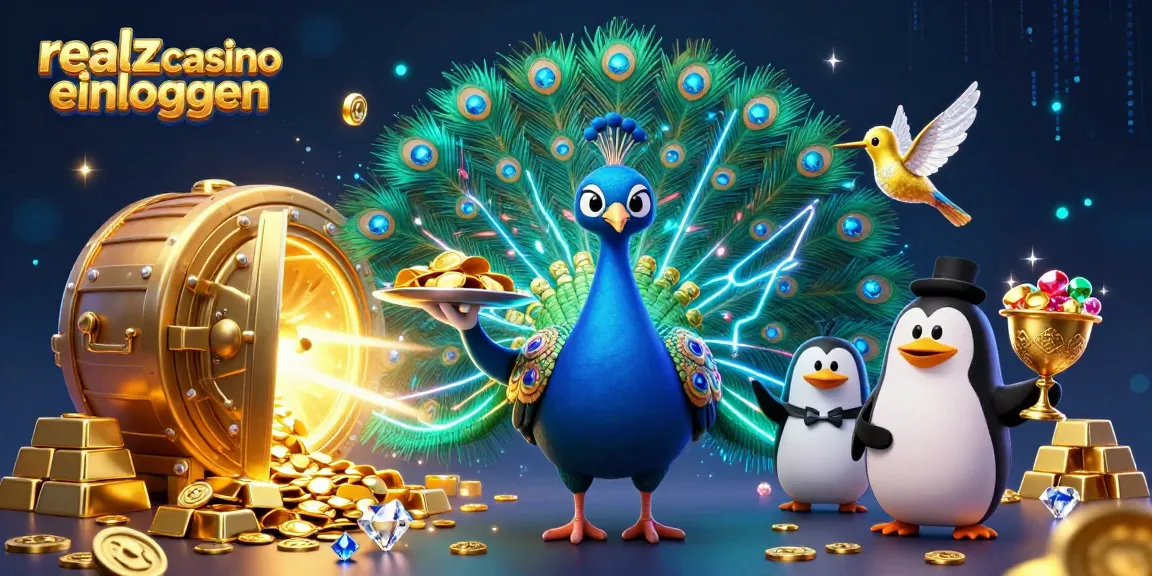 Realz Casino einloggen zeigt einen aristokratischen Pfau mit Glücksspiel-Elementen, goldenen Chips und mehr.